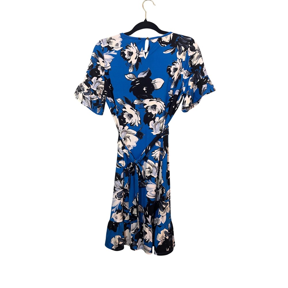 Robert Louis Blue Floral Ruffle Dress Womens Size Small Short Sleeve TieWaist - Picture 3 of 8